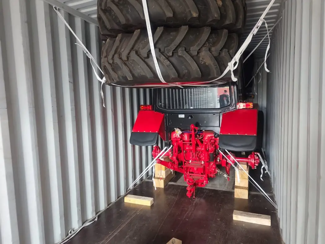 Belarus tractor loaded inside a shipping container for export to Egypt